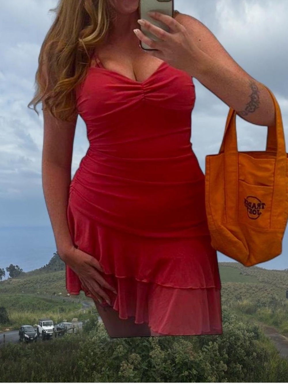 Coral Pink orange/red Ruffled Mini Dress with Sweetheart Neckline halter